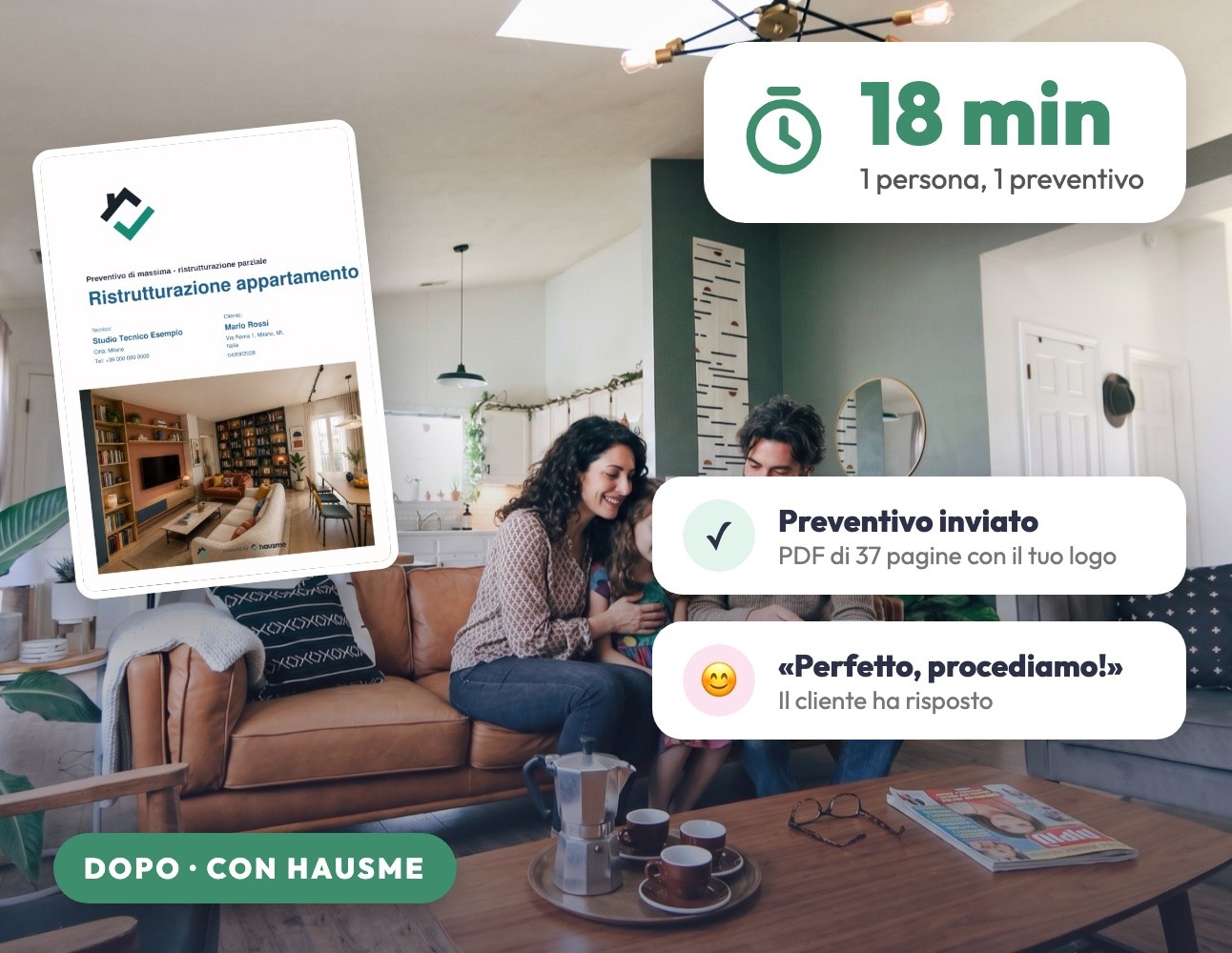 Con Hausme: preventivo in 18 minuti, inviato con il logo dell'impresa, cliente soddisfatto